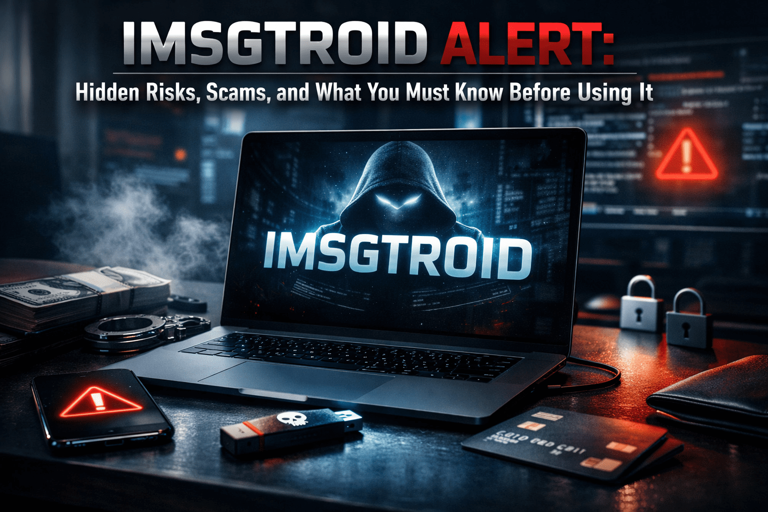Create a 100% ultra-realistic, high-resolution, professional editorial image designed specifically for a top-ranking Google blog cover. Main keyword: {Imsgtroid} Article title: {Imsgtroid Alert: Hidden Risks, Scams, and What You Must Know Before Using It} The image must visually communicate the core topic, value, and intent of the article at first glance, making viewers instantly curious and motivated to read the content. Show a premium, modern, and stylish scene that perfectly matches the keyword and title theme. Lighting should be natural and cinematic, with sharp focus, realistic textures, accurate materials, and professional depth of field. The composition should look like it was captured by a high-end DSLR camera, editorial magazine quality, not a stock photo. The image must feel trustworthy, informative, and aspirational, optimized for CTR, SEO, and Google first-page ranking. The generated image must be 100% original and unique, not inspired by, copied from, or similar to any existing image available on Google or social media. No illustrations, no cartoons, no AI-looking faces or objects. Aspect ratio optimized for blog feature images (16:9). Ultra-detailed, photorealistic, clean, premium, and future-ready (2026 style).
